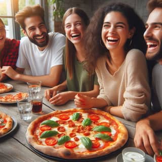 Un groupe d'amis profitant de la compagnie les uns des autres dans un restaurant de pizza.