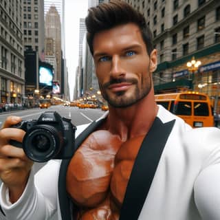 a muscular man with a camera in the middle of a city street