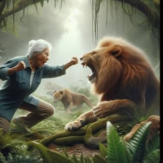 an older woman is fighting with a lion