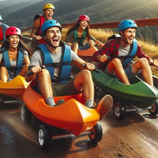 group of friends riding in a kayak on a mountain road