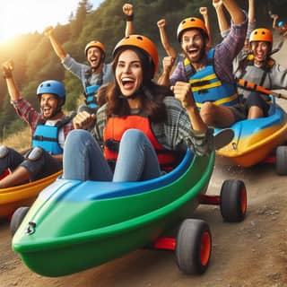 group of friends riding in a kayak on a mountain