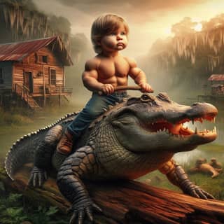 a baby is riding on an alligator in a swamp