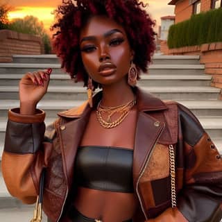 black woman with red hair and a leather jacket