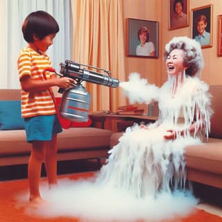 a boy is blowing up with a water gun