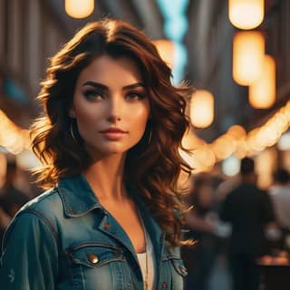 beautiful woman with long hair in the city at night