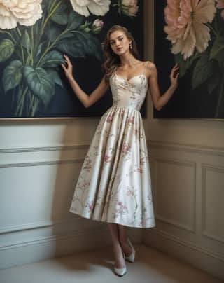 in a dress standing in front of flowers