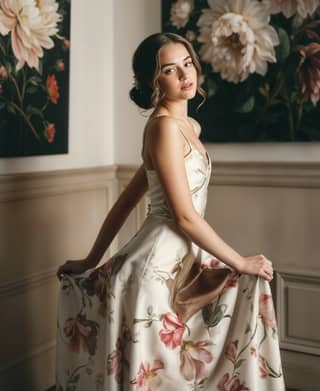 in a floral dress poses for a portrait