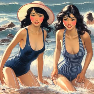 two asian women in bathing suits on the beach