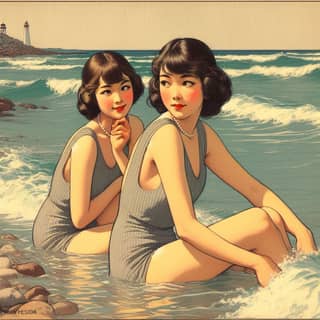 two women in bathing suits sitting on the beach