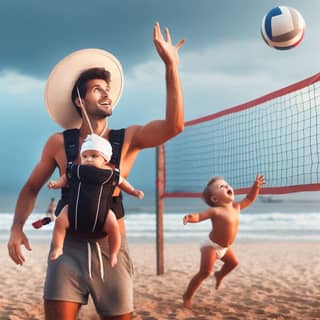 I suoi due figli giocano a pallavolo sulla spiaggia.