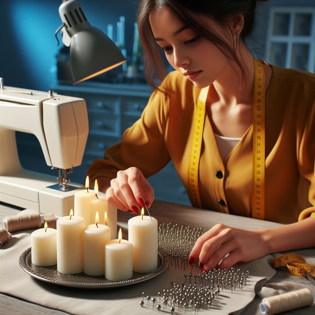 is making candles in front of a sewing machine