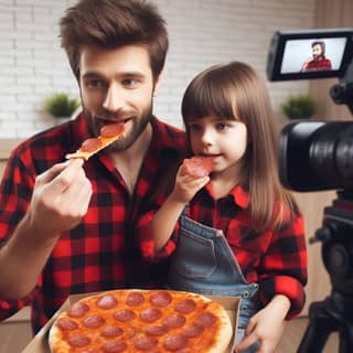 a little girl eating pizza