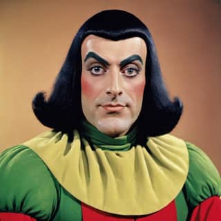 with long hair wearing a red and green costume