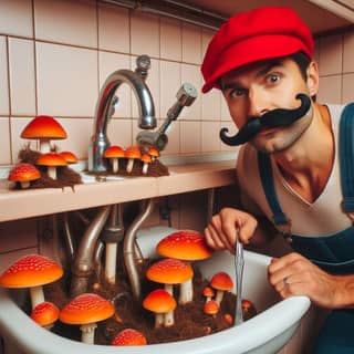 Une personne avec une moustache dans un évier avec des champignons.