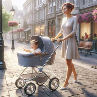 pushing a baby carriage with a child in it