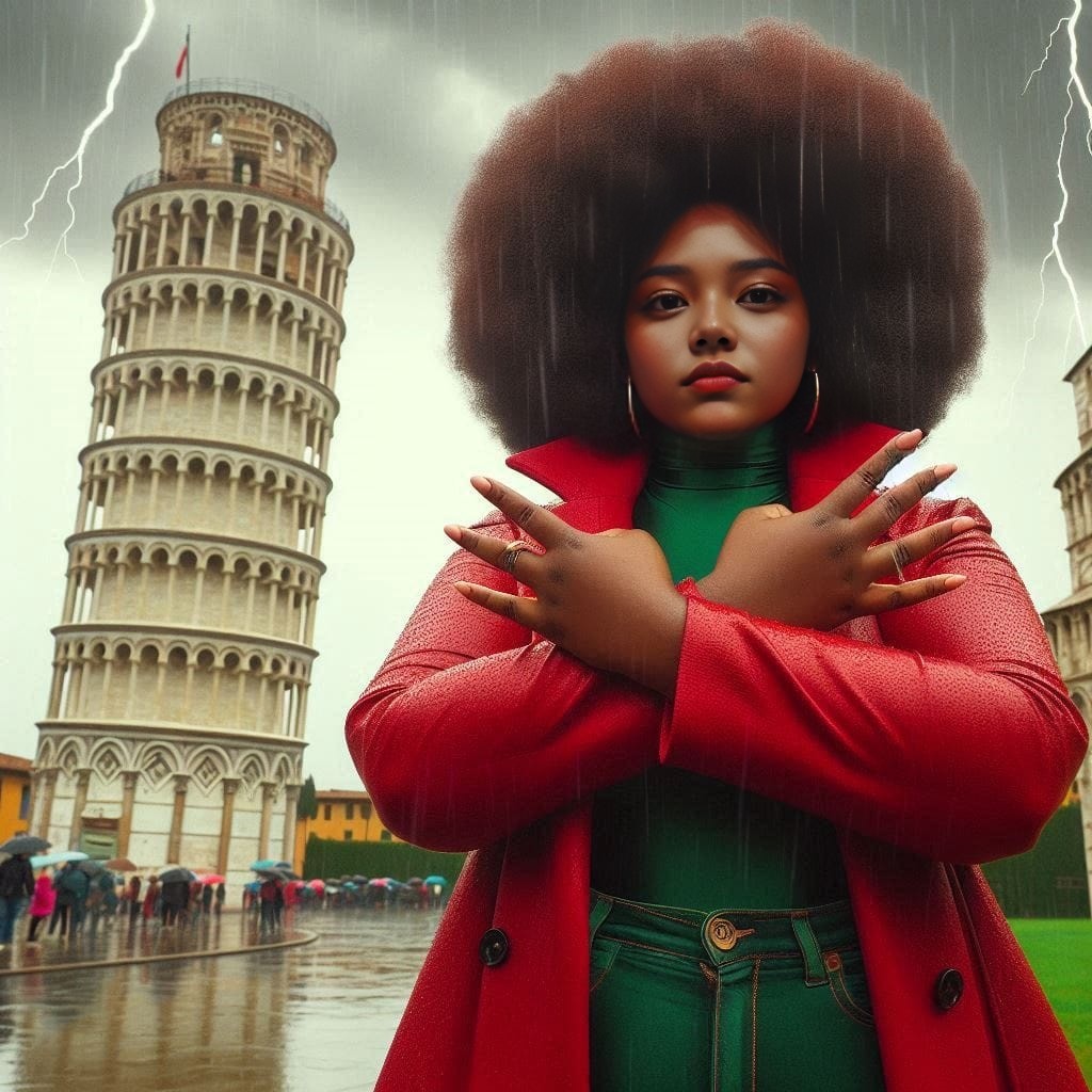 with afro hair standing in front of a leaning tower