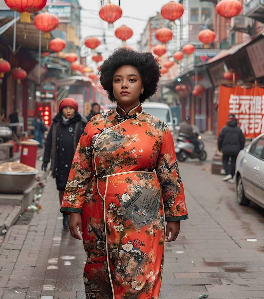 Una persona con un vestido oriental camina por una calle.