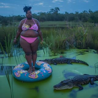 in a bikini standing on an inflatable raft with alligators