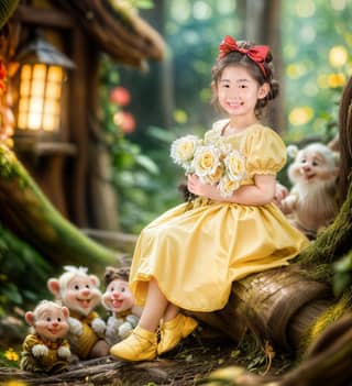 a little girl in a yellow dress sitting on a log with her teddy bears