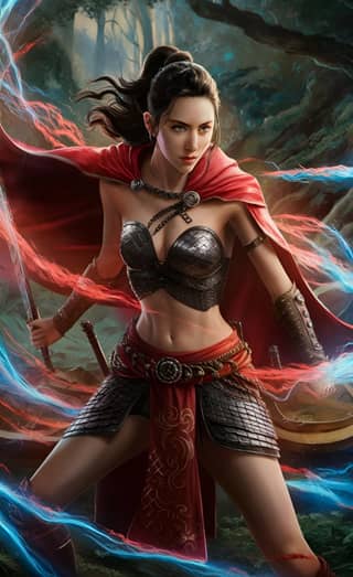 in a red cape and red hair holding a sword
