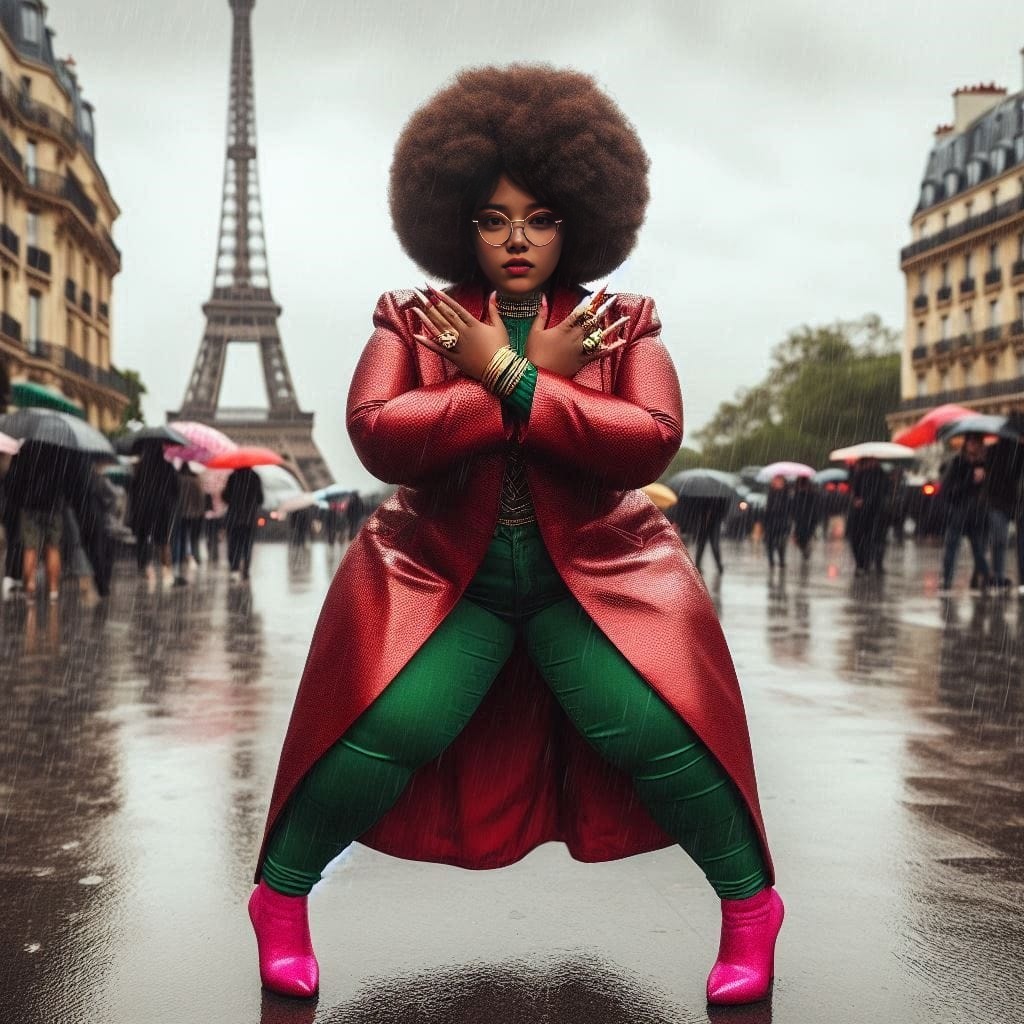 Pessoa com casaco vermelho e calças verdes em pé frente à Torre Eiffel.