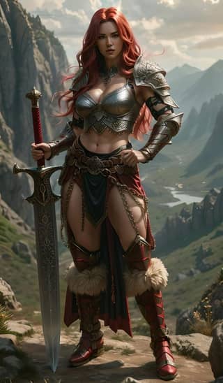 with red hair and armor standing on a mountain