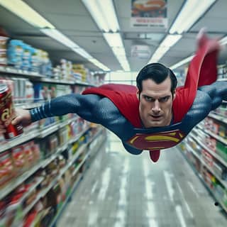 superman flying through the aisle of a supermarket