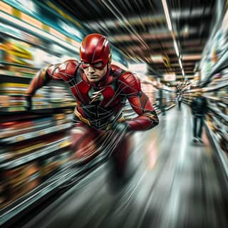 the flash is running through a supermarket aisle