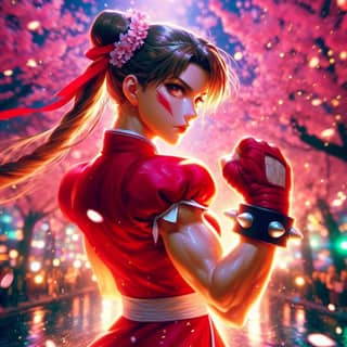 O personagem do street fighter está vestindo um vestido vermelho.