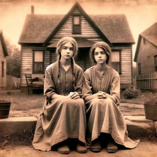 two young girls in front of a house