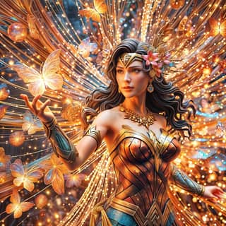 Wonder woman ellerinde kelebekler tutuyor.