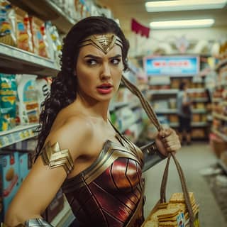 wonder woman in a supermarket aisle