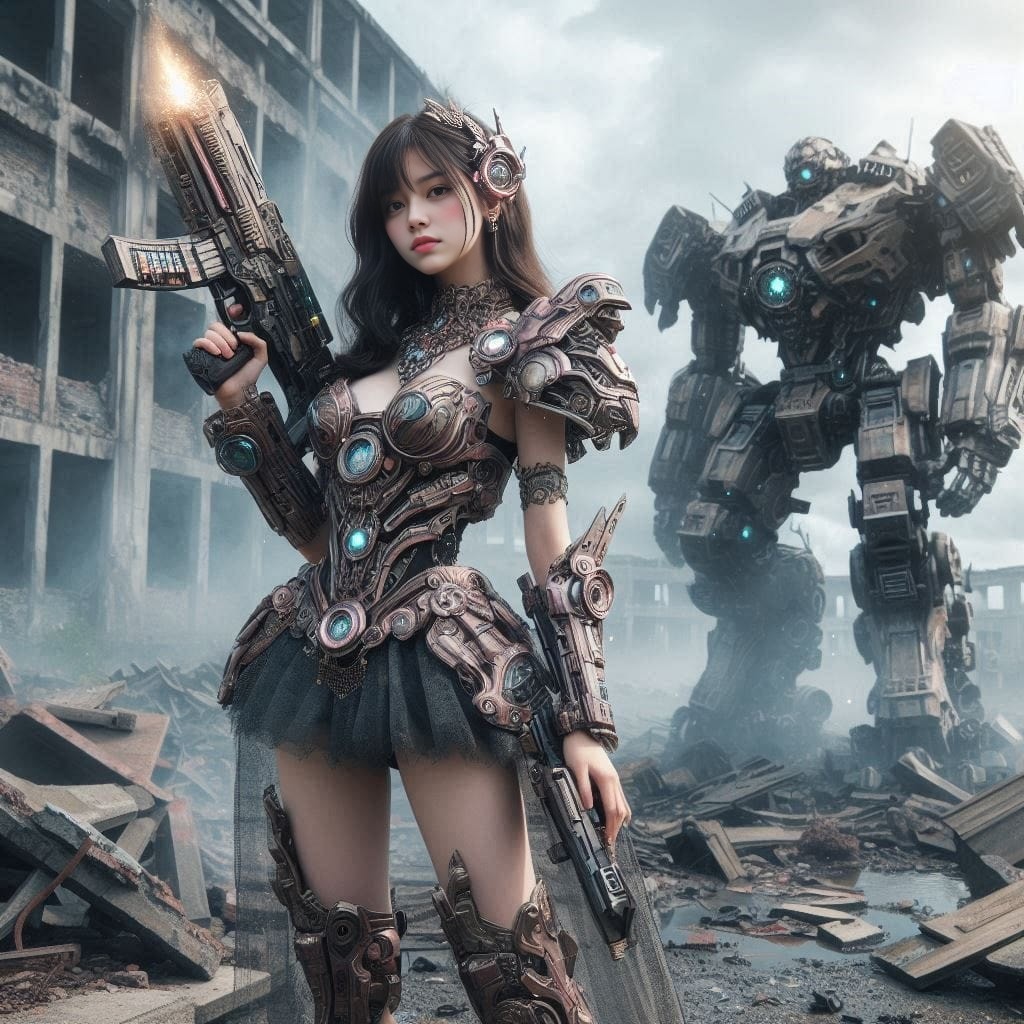 in armor holding a gun and standing next to a robot