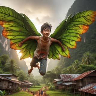 a boy with wings flying over a village