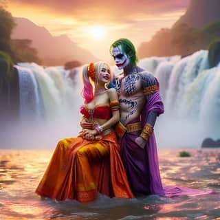 a couple dressed as the joker and harley quinn sitting in front of a waterfall