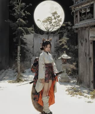 in a japanese costume standing in front of a full moon