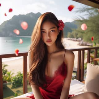 Uma pessoa vestindo um vestido vermelho está sentada em uma sacada.