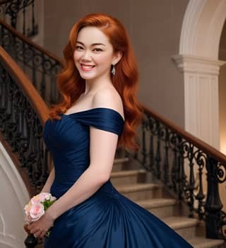 Uma mulher ruiva vestindo um vestido azul.