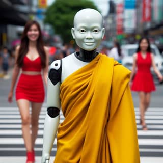 Um robô em um vestido amarelo está atravessando a rua.