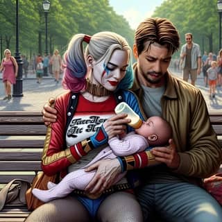 a couple holding a baby and and woman sitting on a bench