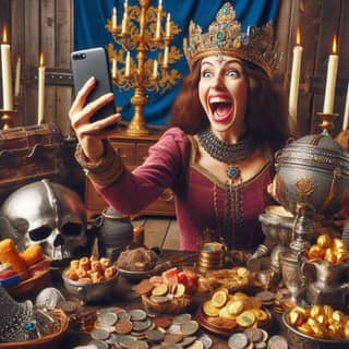 in medieval clothing taking a selfie with her phone