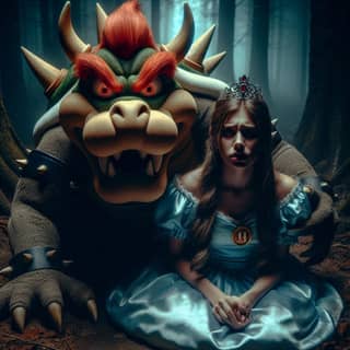 Une personne est assise dans une robe de princesse à côté d'un personnage de Nintendo.