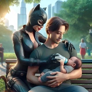 the batman and catwoman are holding a baby