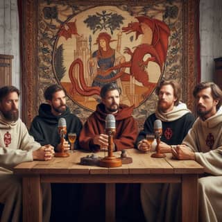 the four men in robes are sitting at a table