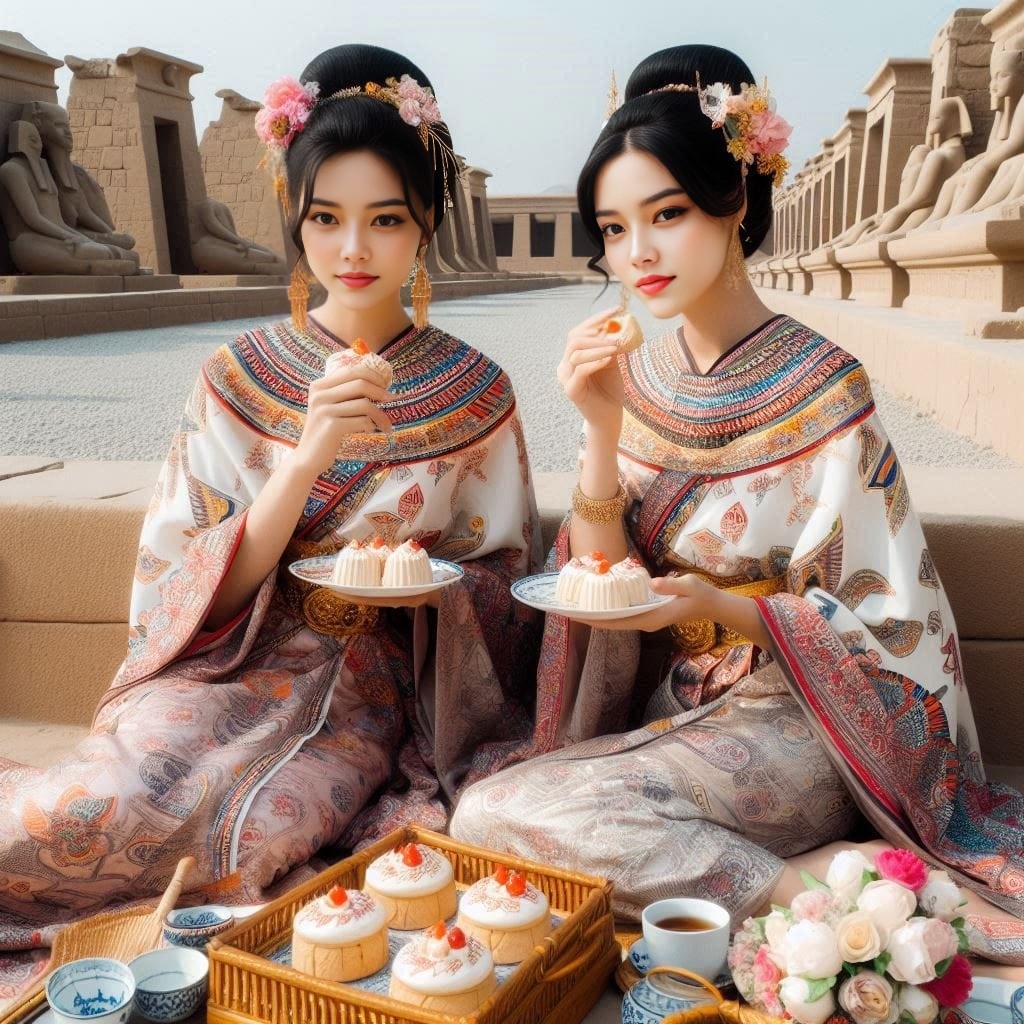 two women dressed in traditional chinese clothing eating cake