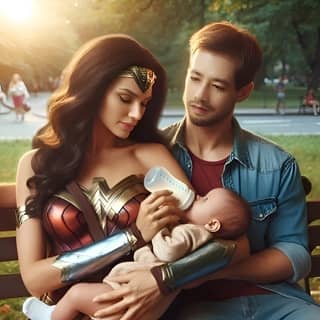 woman are holding a baby on a bench