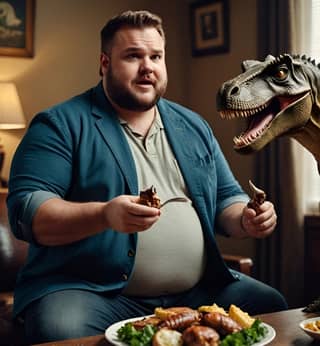 Alguien está comiendo una comida frente a un dinosaurio.