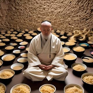 an old man is sitting in front of bowls of noodles