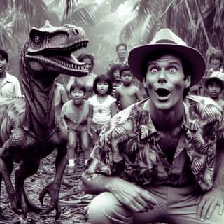 in a hat and a t - rex in front of a group of children