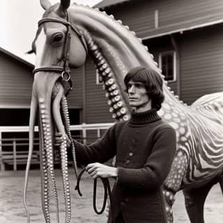 in a sweater holding a horse with a squid on it